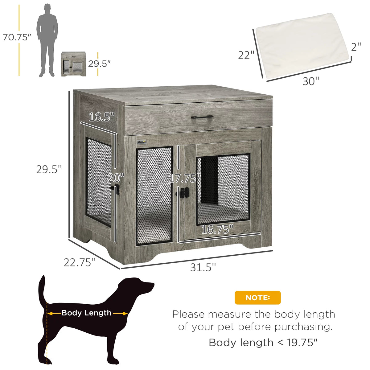Grey Dog Crate Furniture with Cushion and Drawer X4013