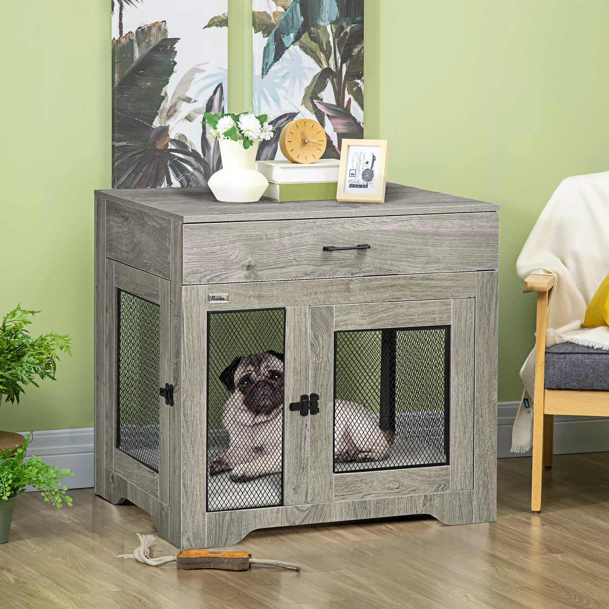 Grey Dog Crate Furniture with Cushion and Drawer X4013