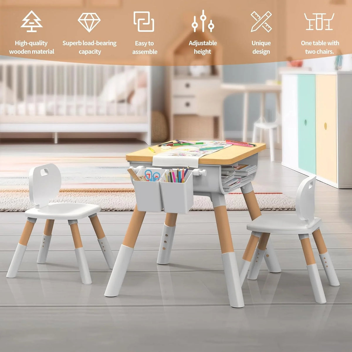 Kids Adjustable Height Wooden Table and Chair Set R194624