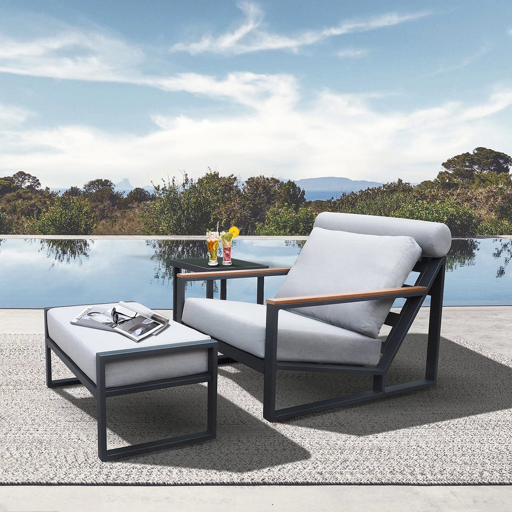 3PCS Gray Outdoor Aluminum Recliner Lounge Chair Set with Ottoman & Side Table I2029
