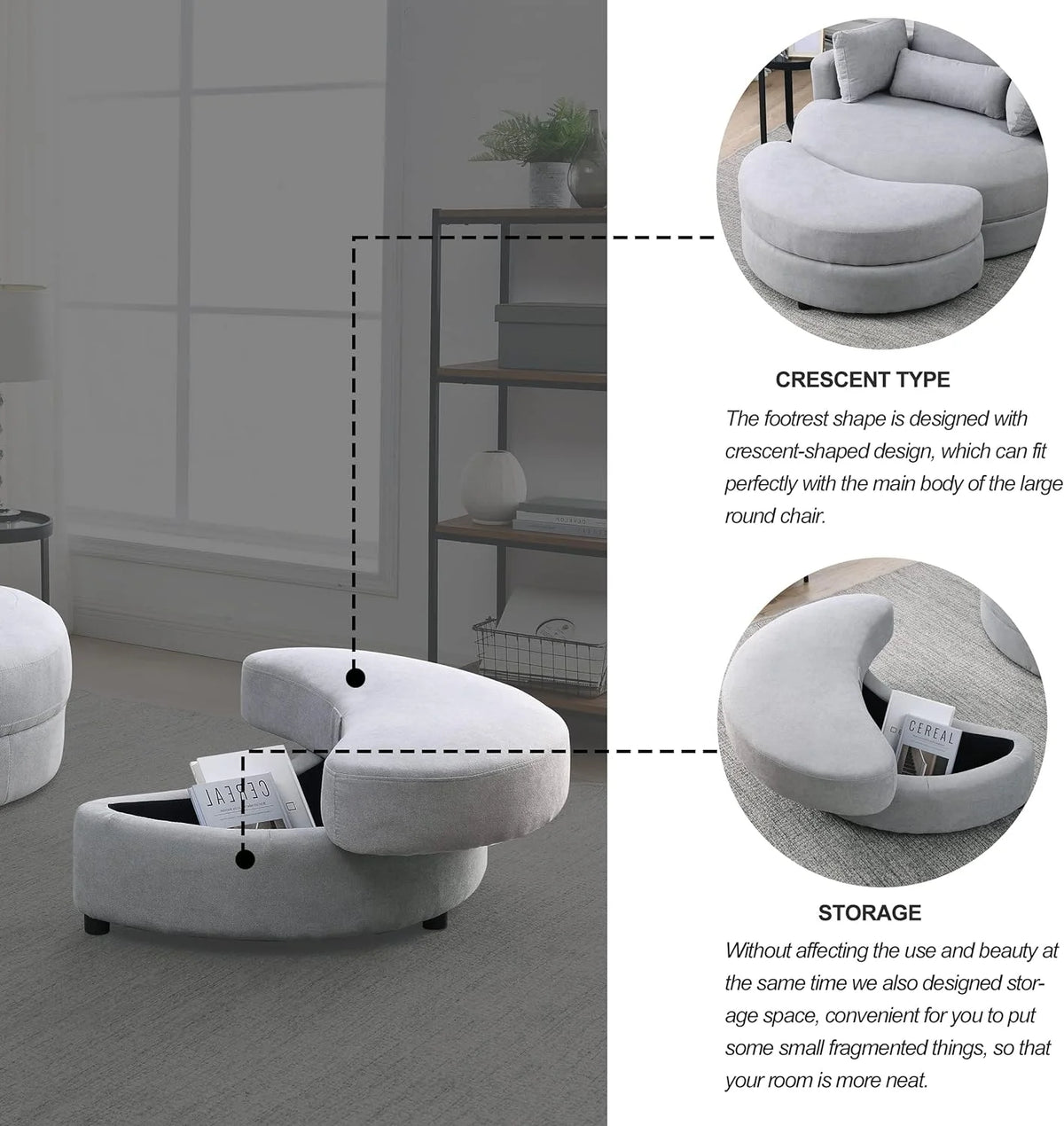 Light Gray Linen Fabric Swivel Chair with Ottoman and 4 Pillows K9754
