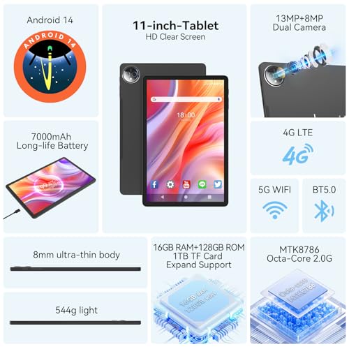 11 inch Android 14 Tablet 128GB ROM 16GB RAM Octa-Core R869071