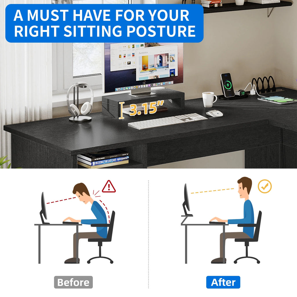 Black L-Shaped Desk with Power Outlet and File Cabinets B444