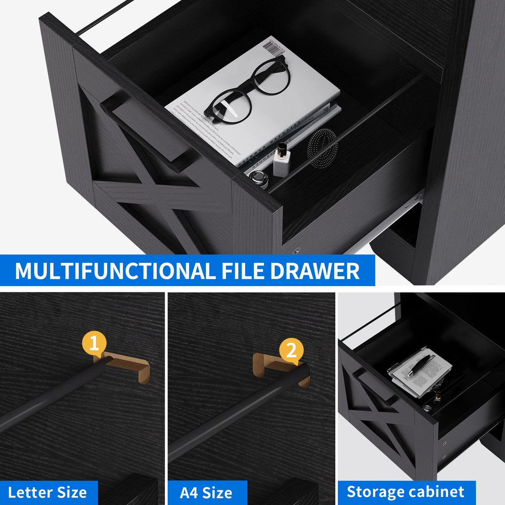 Black L-Shaped Desk with Power Outlet and File Cabinets B444