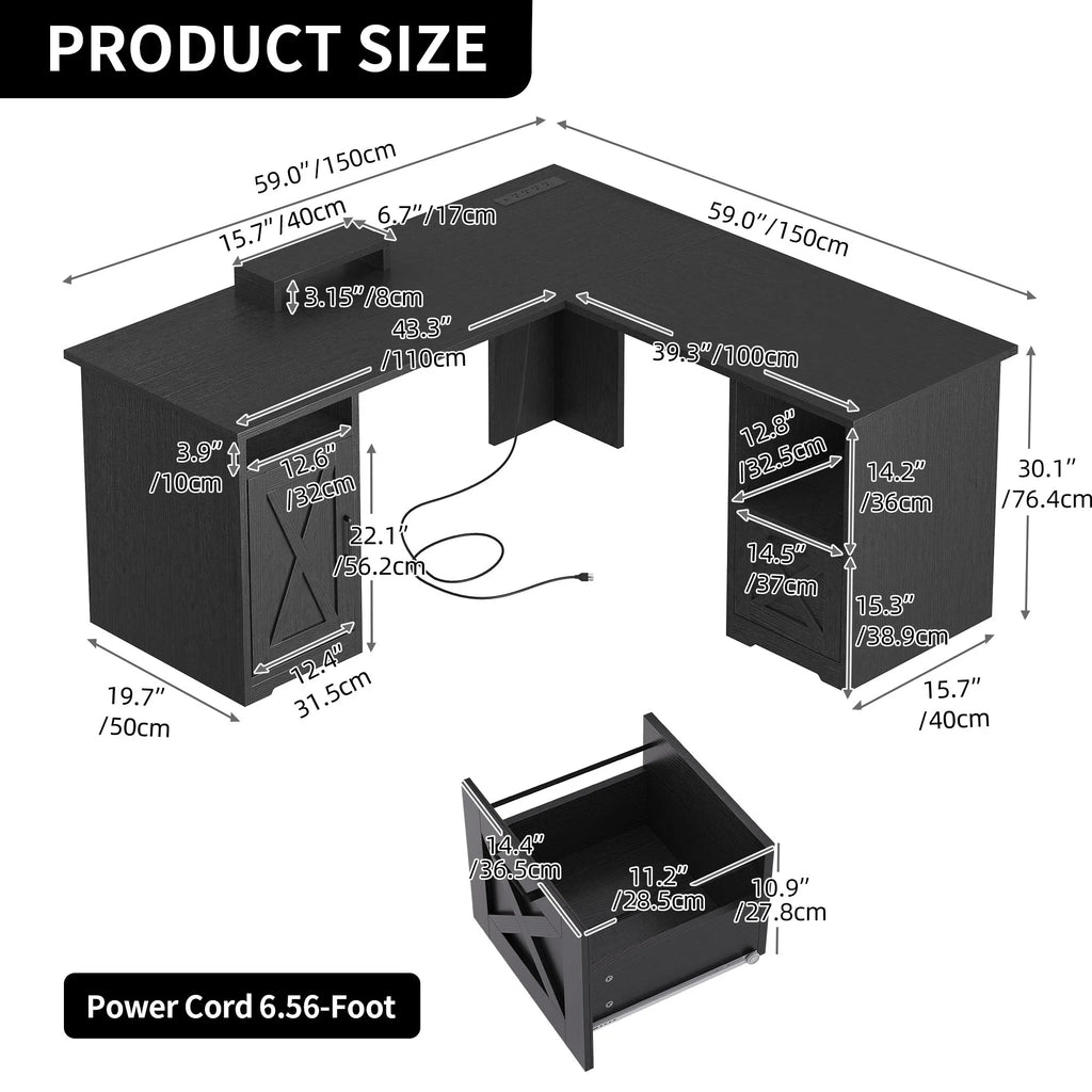 Black L-Shaped Desk with Power Outlet and File Cabinets B444